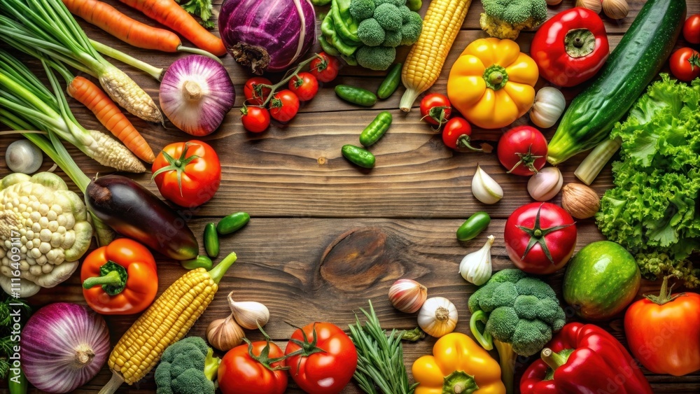 Organic Vegetables and copy space Arranged on Rustic Wooden Table, Showcasing Healthy Eating and Culinary Inspiration Organic Vegetables and copy space Arranged on Rustic Wooden Table, Showcasing Healthy Eating and Culinary Inspiration