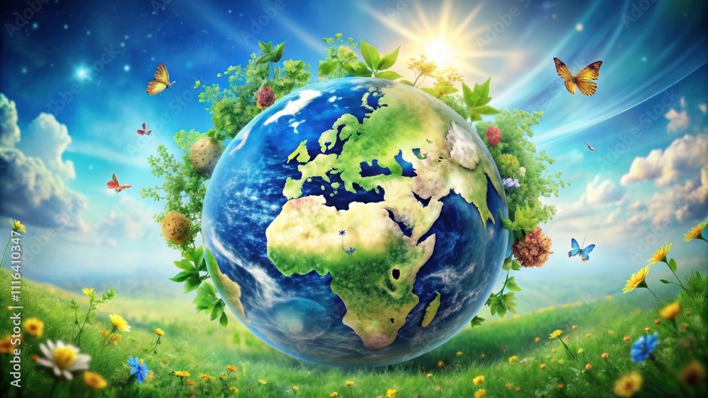 Naklejka premium Happy Earth Day and Lush Greenery and Colorful Butterflies Amidst a Bright Sunny Sky with Flowers Blooming in a Beautiful Landscape