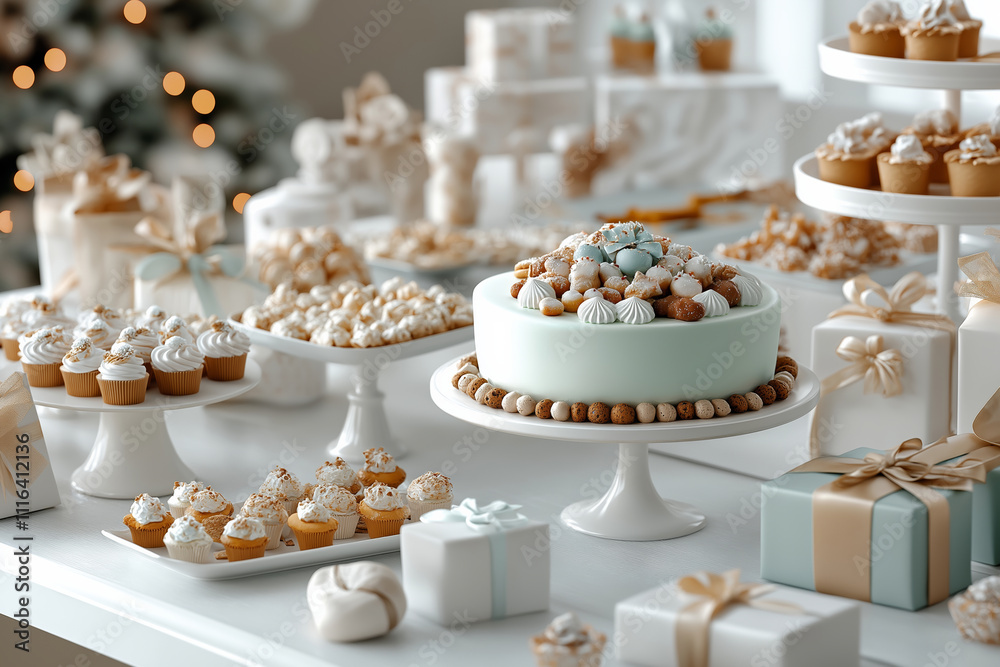 sweets and celebration. pastel-colored cakes and gift boxes sweets and celebration. pastel-colored cakes and gift boxes