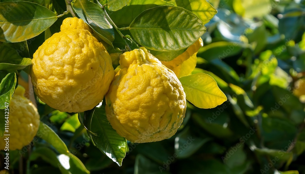 Fototapeta premium Bergamot fruit clusters on a tree, showcasing bright yellow skin against lush green leaves in a sunny environment.