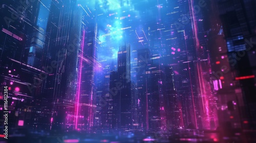 Futuristic cityscape with vibrant neon lights and digital patterns