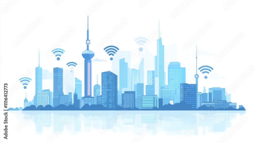 Obraz premium Modern City Skyline with Wireless Connectivity Icons in Blue Tones