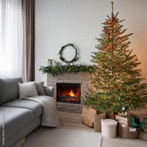 living room with furniture, christmas tree and campfire, christmas theme