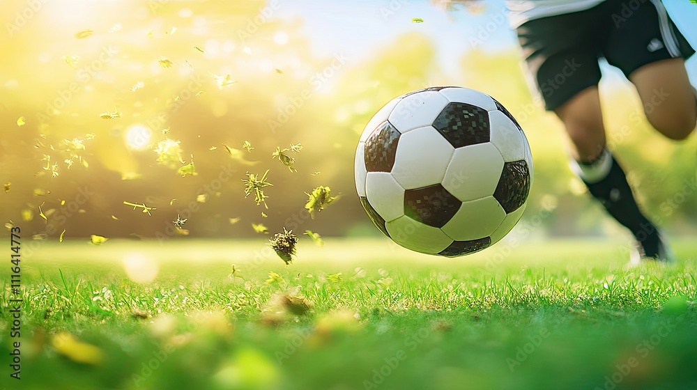 Naklejka premium Action Shot of Soccer Player Kicking Ball on Vibrant Grass Field