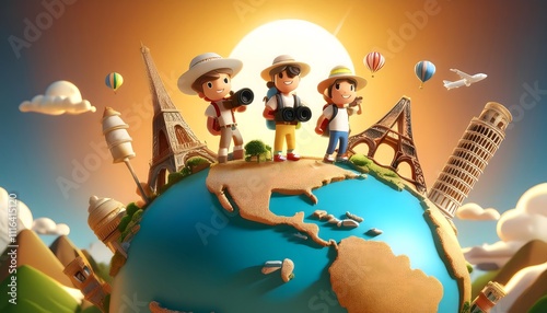 Three Adventurers Exploring Iconic Landmarks Around the World in a Whimsical Style photo