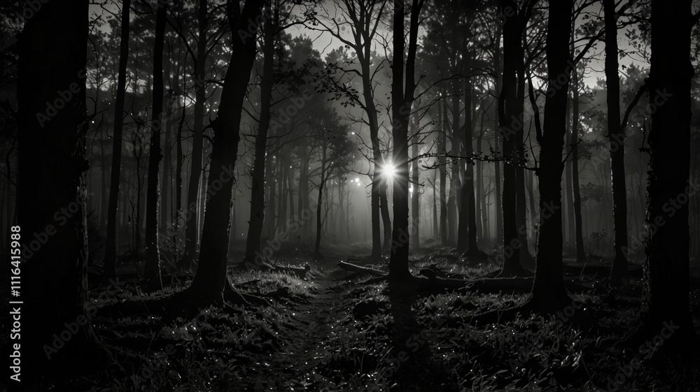 Fototapeta premium magical lights sparkling in mysterious fores monocrome