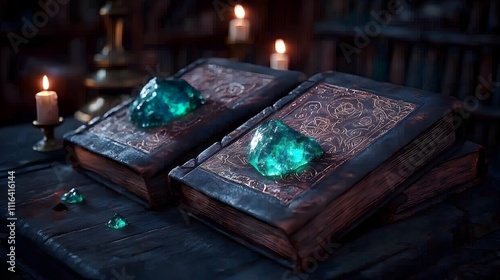 Arcane manuscripts and glowing crystals fill a mysterious wizard s library with enchanted tomes intricate arcane symbols and shelves of ancient leather bound books surrounded by flickering candles photo