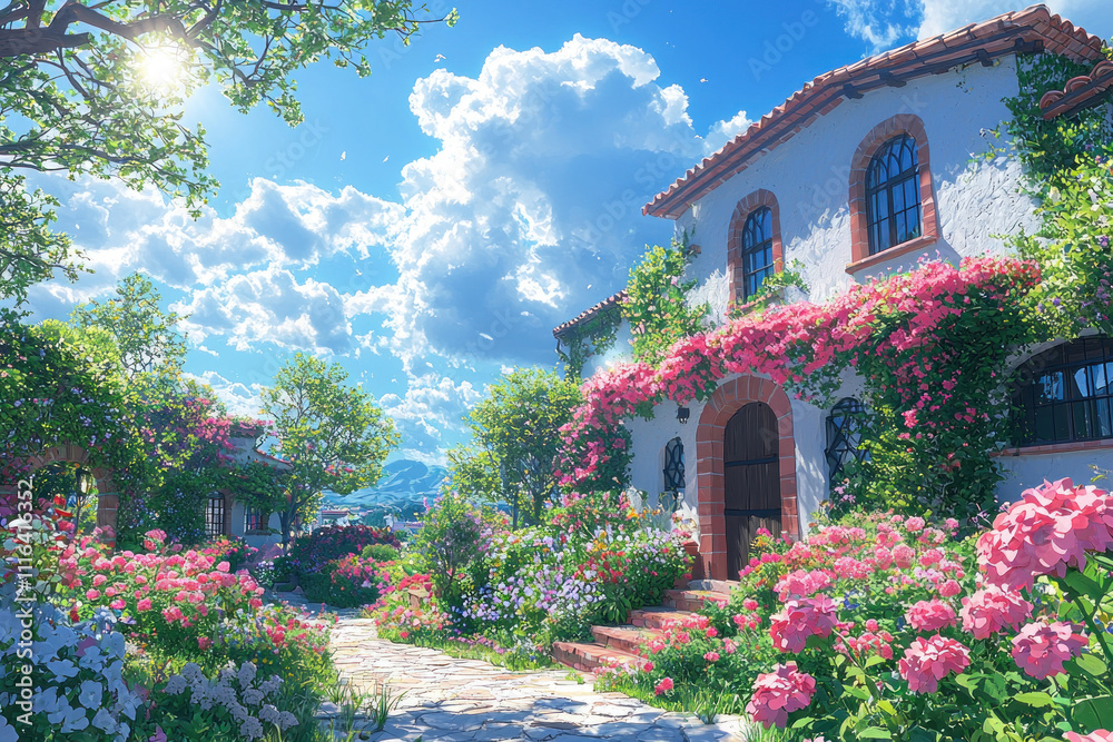 Naklejka premium Picturesque house with blooming garden on sunny day.