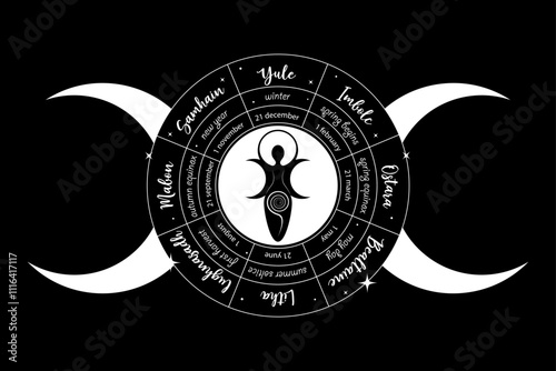 Mystical triple goddess, wheel of the Year is an annual cycle of seasonal festivals. Wiccan calendar and holidays. Gothic Witch wicca woman sacred design. Vector isolated on black background