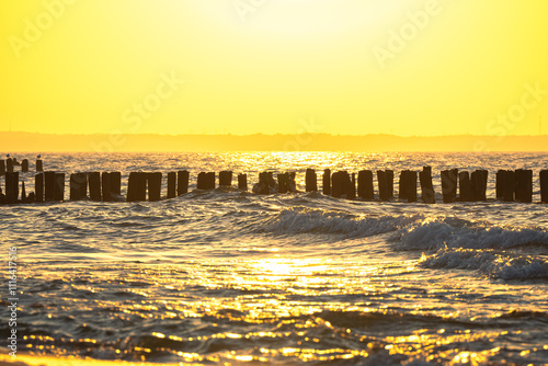 Golden waves gently lap against wooden breakwaters, creating a serene coastal scene bathed in warm sunset hues. photo