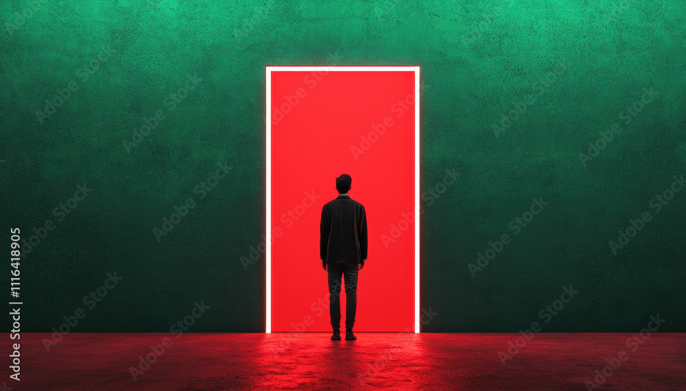 Obraz premium A silhouette of a person stands before a bright red door framed by a green wall, evoking themes of mystery and choice.
