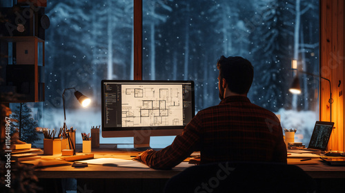 An architect working late in a modern winter office, with snow outside and the room illuminated by warm lighting, surrounded by design sketches and a computer on the desk.