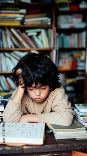 Frustrated student grappling with homework challenges in a library setting