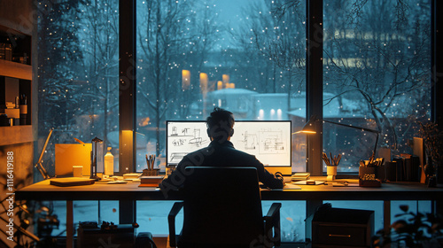 An architect working late in a modern winter office, with snow outside and the room illuminated by warm lighting, surrounded by design sketches and a computer on the desk.