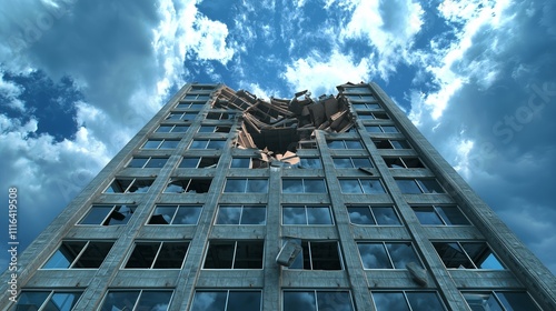 Deserted office tower, with broken windows, showing the downfall of a company during an economic crisis. photo