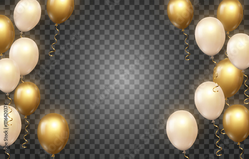 Vector golden luxury balloons isolated on png background. Realistic festive 3d helium balloons template for anniversary, Birthday party design. Vector illustration on transparent background