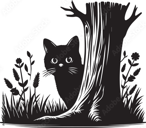 Cat peeking from behind a tree trunk black vector silhouette