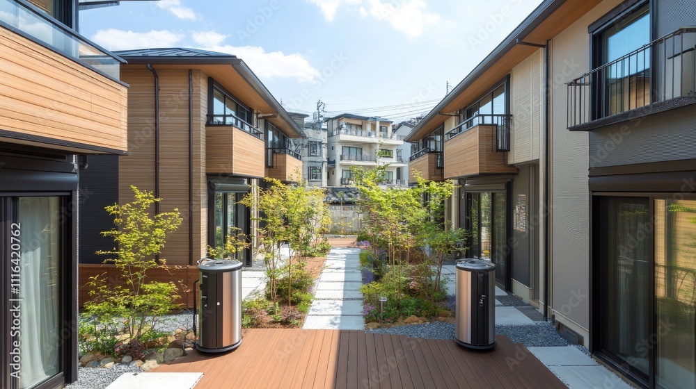Fototapeta premium Modern Japanese Residential Complex with Garden Pathway and Sunlight