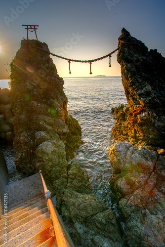 Meoto Iwa, or Married Couple Rocks, the couple rocks represent as the wedded couple in the Nomozaki area, the southern part of Nagasaki city in Kyushu, Japan