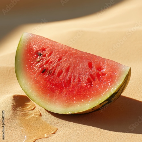 Juicy watermelon slice resting on warm sand, glistening with droplets, Perfect for summer, refreshing drink recipes, or seasonal fruit promotions in blogs and social media, photo