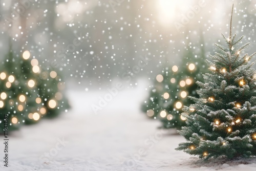 Snow-Covered Christmas Tree in Winter Forest with Falling Snowflakes photo