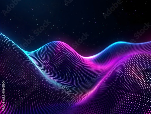 Futuristic 3D wave of glowing dots in vibrant pink, blue, and purple tones against a dark starry background.