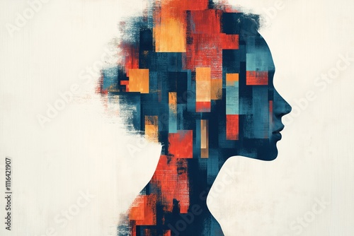 Profile silhouette of woman with abstract colorful hair design, artistic concept of identity and creativity