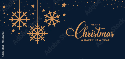 Merry christmas greeting card vector background design. Christmas and happy new year greeting text anging gold decoration elements Vector