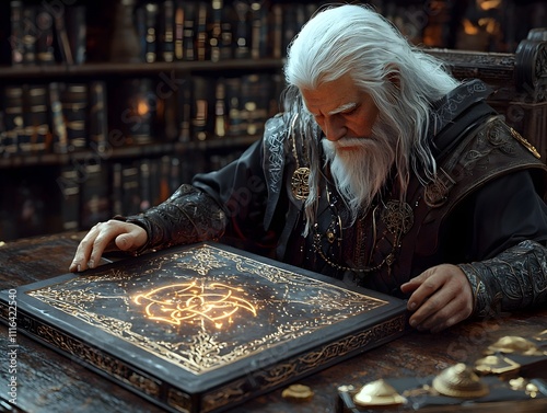 Wizard Seated at Oak Desk Poring Over Illuminated Tome Amidst Towering Bookshelves of Ancient Manuscripts Rays of Soft Light Spilling Across Intricate Pages photo