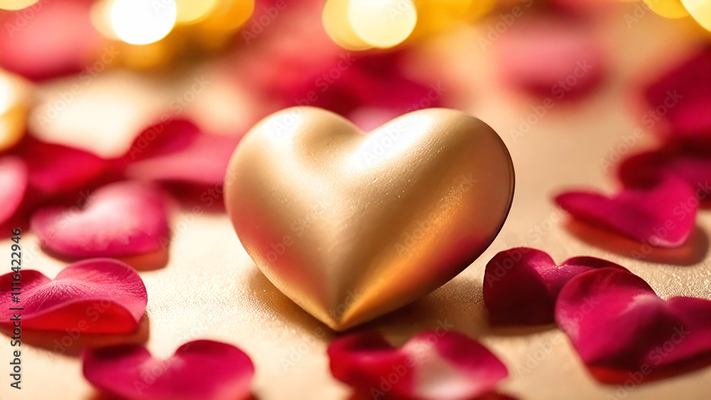 Obraz premium Golden heart with flower petals, closeup.