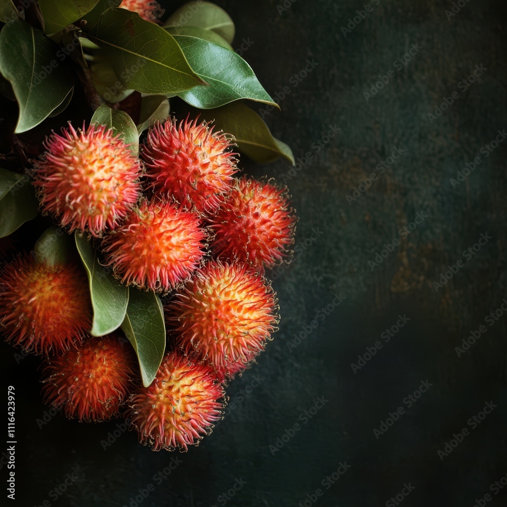 Fototapeta premium A vibrant cluster of rambutan fruits with glossy leaves against a dark background, suitable for use in food blogs, culinary publications, and tropical-themed design projects,