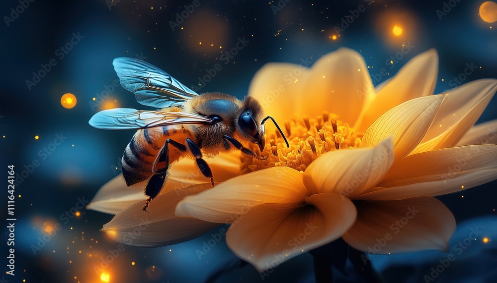 Naklejka premium Bee resting on a dahlia flower under the moonlight
