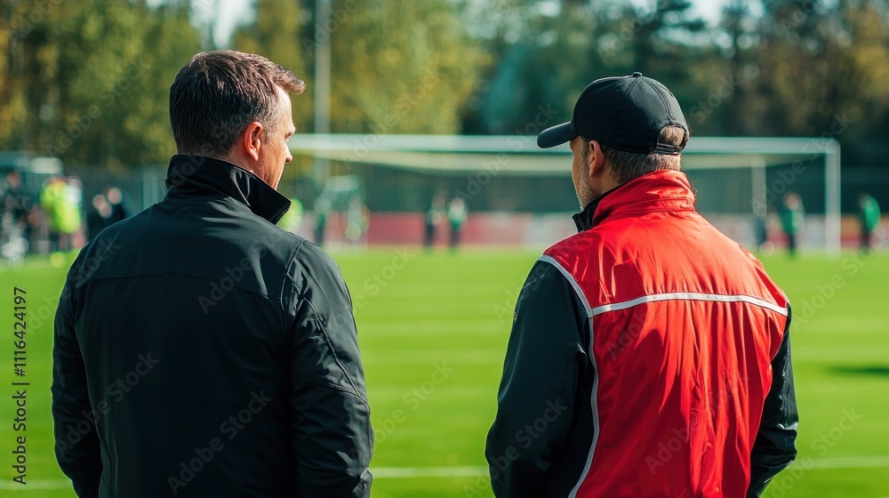 Fototapeta premium Soccer Coaches Strategy Session: Analyzing Gameplay on the Field