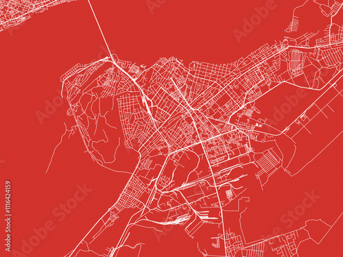 Christmas Map of Engels, Russia in Snowy White on Festive Red Background.