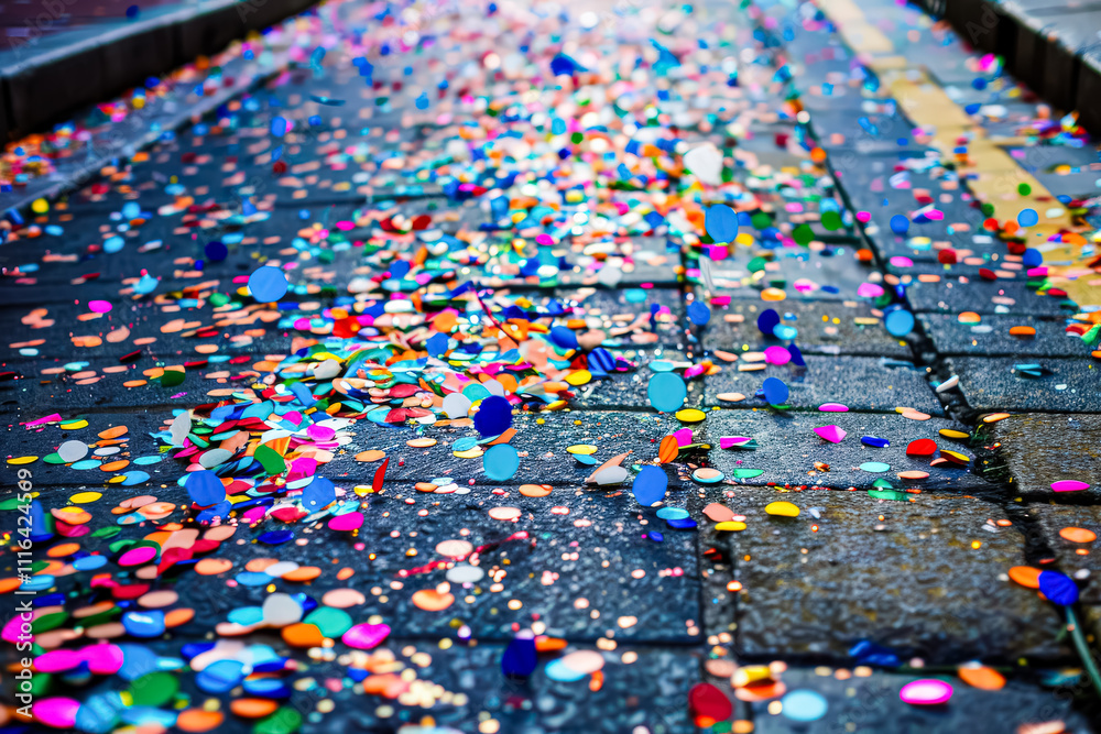 Fototapeta premium Colorful explosion of confetti is scattered across the street.