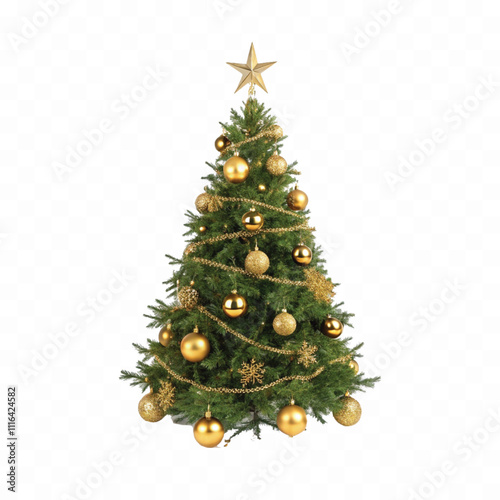 3d Decorated green Christmas tree with golden baubles for new year with gift box isolated on white background