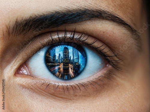 A detailed closeup of a person's eye with a reflection of nature, highlighting the connection between human perception and the environment