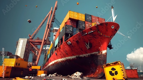 Towering cranes and gantries dominate the massive cargo terminal where intermodal containers are stacked high showcasing the scale and efficiency of global maritime trade and logistics photo