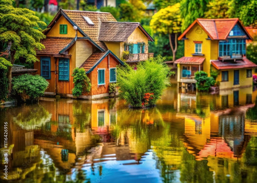 Obraz premium Macro photography showcases homes in flood-prone areas, revealing resilience against nature’s challenges and the profound impact of water on residential landscapes.