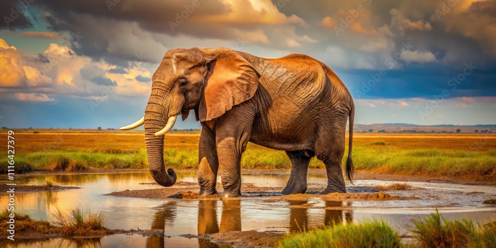 Fototapeta premium Majestic Elephant in Muddy Water: A Minimalist Wildlife Scene in the Savannah