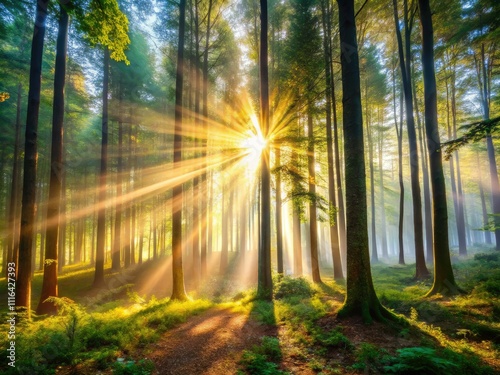 Majestic forest sunrise with radiant sunlight and gentle mist, showcasing a serene landscape and enchanting foliage. Experience tranquility and magic in the morning light.