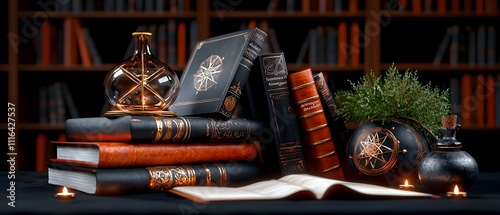 Secrets of the Wizards  Mystical Library Enchanting Folios Levitating Scrolls and Alchemical Wonders Await Amidst Towering Bookshelves Swathed in Dramatic Shadows and Moody Candlelit Ambiance photo