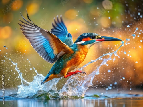 Majestic kingfisher mid-dive, showcasing vibrant wings and beak. Nature's colors come alive, capturing the thrilling essence of wildlife photography and a dynamic aquatic adventure. photo