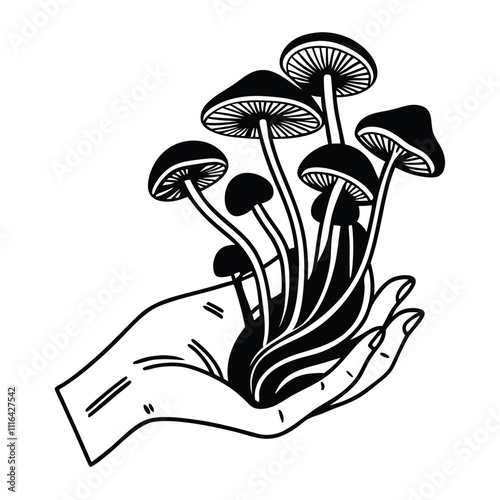 a black and white illustration of a hand holding a bunch of mushrooms.