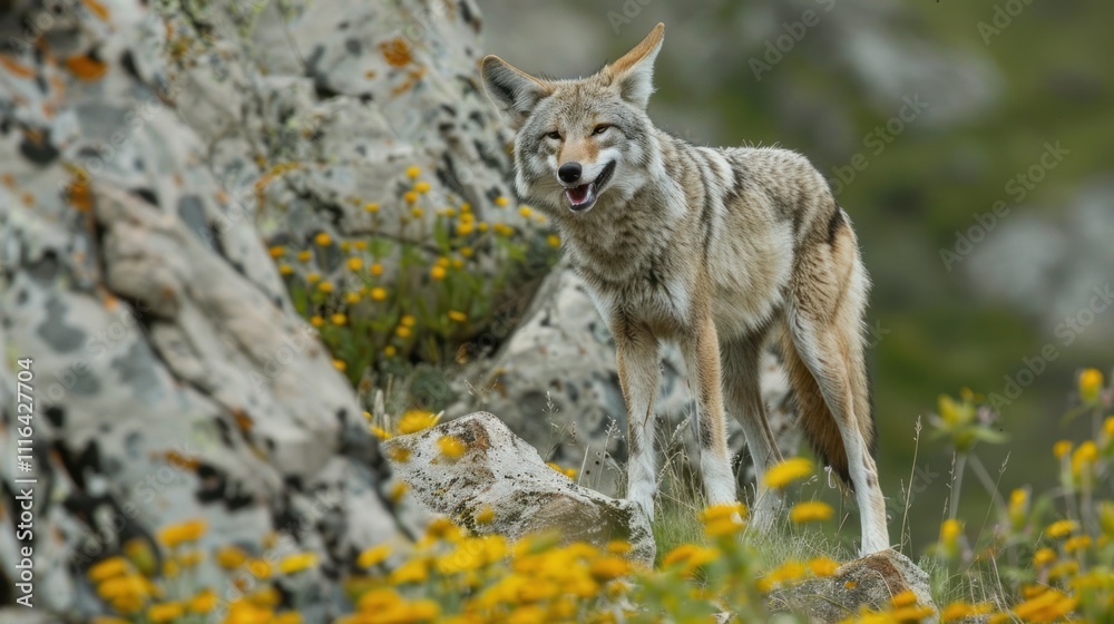 Coyote Among Yellow Flowers and Rocks