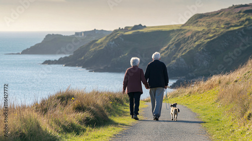 An elderly couple walking their small dog along a scenic coastal path.