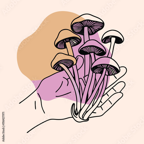 a black and white illustration of a hand holding a bunch of mushrooms.