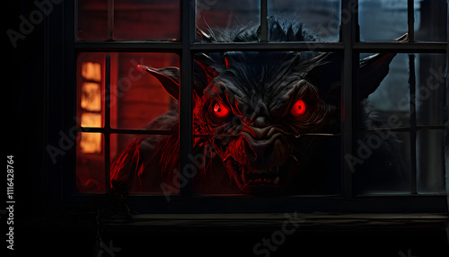 An old farmhouse window, with the Chupacabra's face pressed against the glass, staring inside with glowing red eyes