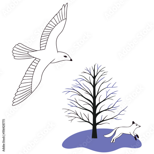 black-and-white vector silhouette featuring a Snow Petrel in mid-flight with wings fully extended, a fox captured in a dynamic jumping pose,