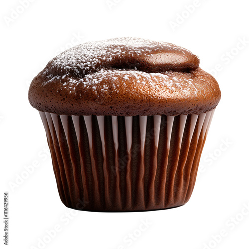 A chocolate muffin cupcake lightly dusted with powdered sugar isolated on a transparent background